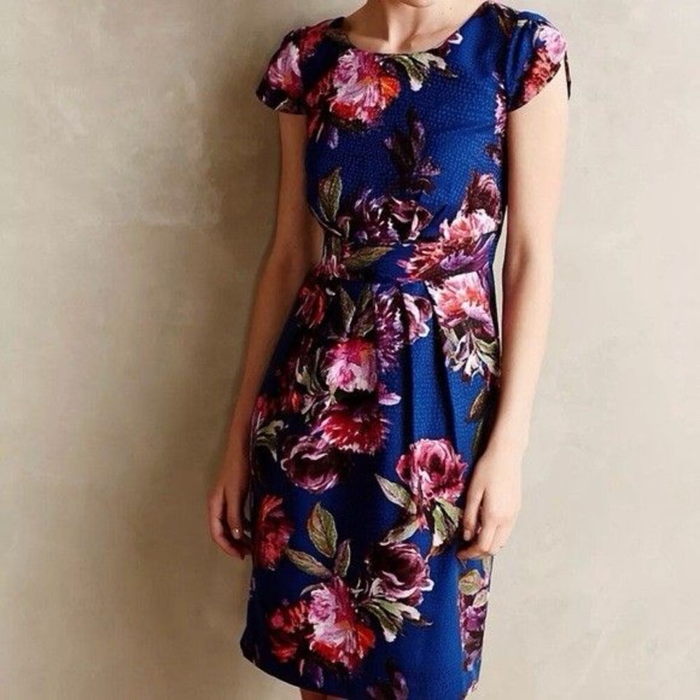 Moulinette Soeurs Anthropologie Rosado Sheath Dress Cap Sleeves Blue Floral Sz 2